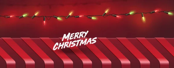 Rood Gestreepte Studiotafel Met Gloeiende Kerst Tekenreeks Lichte Decoratie Brede — Stockvector