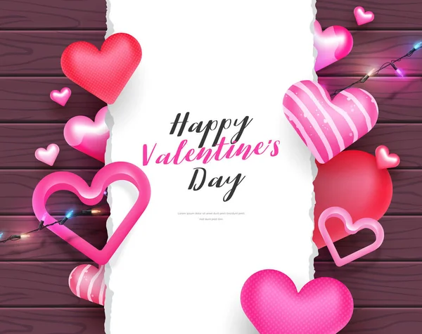 Cute Valentine Day Letter Banner Card Decorative String Lights Hearts — Stock Vector
