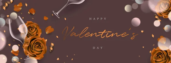 Goud Luxe Valentijnsdag Banner Met Realistische Roos Bloem Confetti Wijn — Stockvector