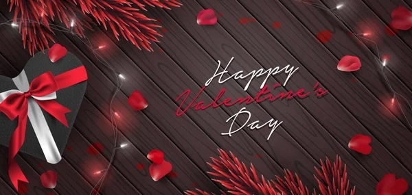 Romantische Valentijnsdag Horizontale Banner Achtergrond Template Met Rozenblaadjes Cadeau Gloeiende — Stockvector