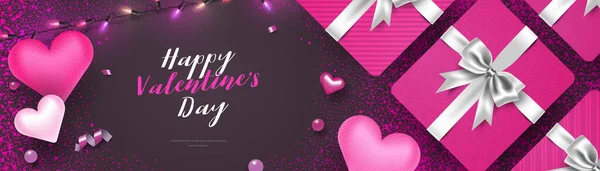 Mooie Valentijnsdag Horizontale Achtergrond Illustratie Met Geschenkdoos Harten Confetti Tekenreeks — Stockvector