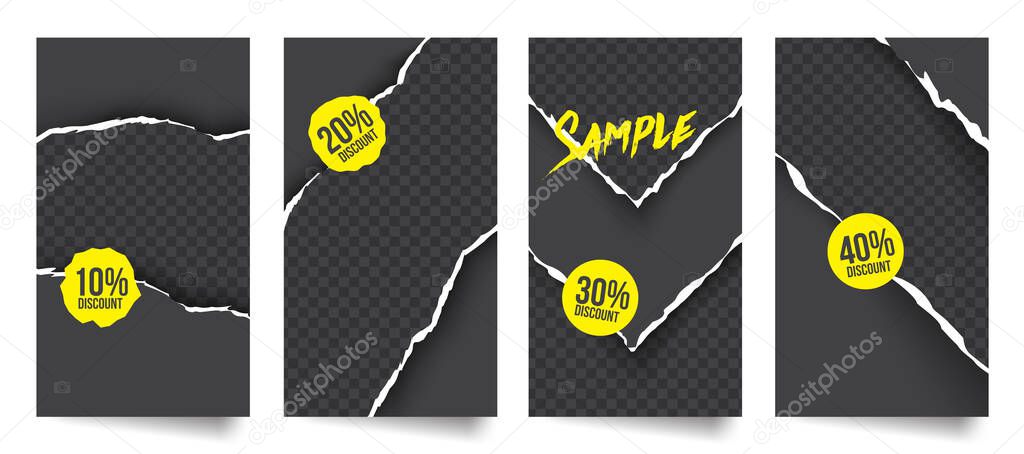 Set of realistic torn paper trendy social media stories post, discount, sale, banner background template collection