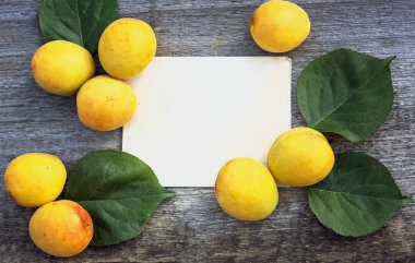 Kağıtlar için arka plan yeşil yapraklar ahşap zemin üzerinde olgun sarı kayısılar