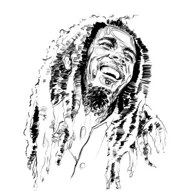 Robert Marley (Bob Marley) s a Jamaican singer and songwriter, one of the pioneers of reggae. Hand drawing sketch portrait by photoshop. Ukraine, Kyiv, june 2018 clipart