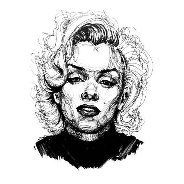Marilyn Monroe is an American actress, model, and singer. Hand drawing sketch portrait by liner and brushpen on paper. Ukraine, Kyiv, fabruary 2016