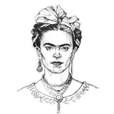 Frida Kahlo, eskiz portresi çizmiş. Geleneksel saç stili olan güzel bir Meksikalı kadın. Meksika el sanatları küpeleri ve çiçekleri, siyah beyaz desenler