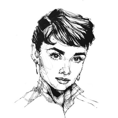Audrey Hepburn aktris kadın portre el çizimi siyah kalem