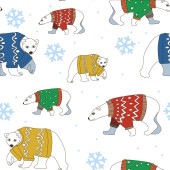 Medvědi ve svetrů a sníh na bílém pozadí