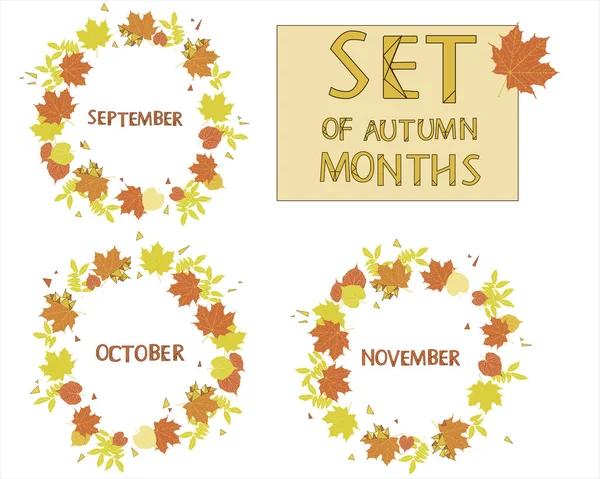 Conjunto de meses de otoño en una corona de hojas de arce — Vector de stock