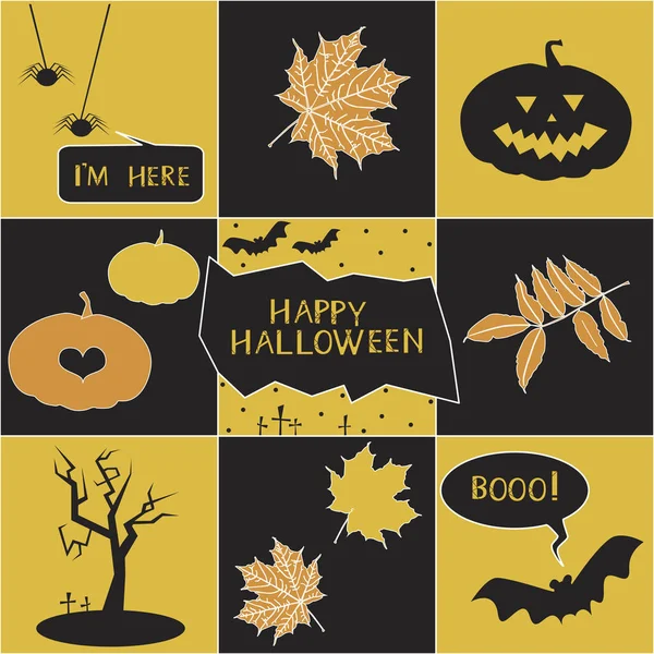 Feliz tarjeta de Halloween con murciélagos, calabaza y arañas — Vector de stock