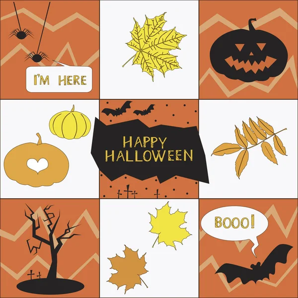 Feliz tarjeta de Halloween con murciélagos, calabaza y arañas en blanco y — Vector de stock