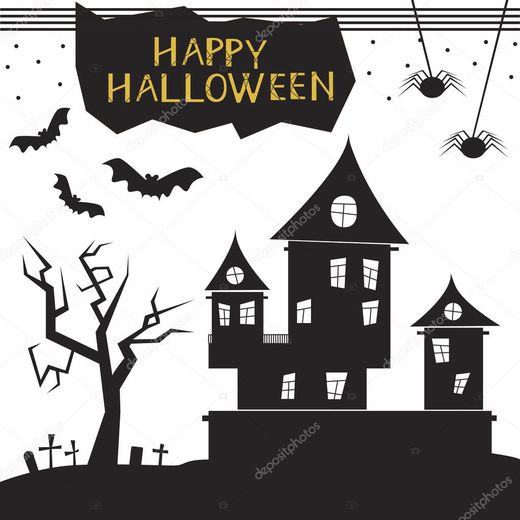 Happy halloween with castle, tree and cemetery card