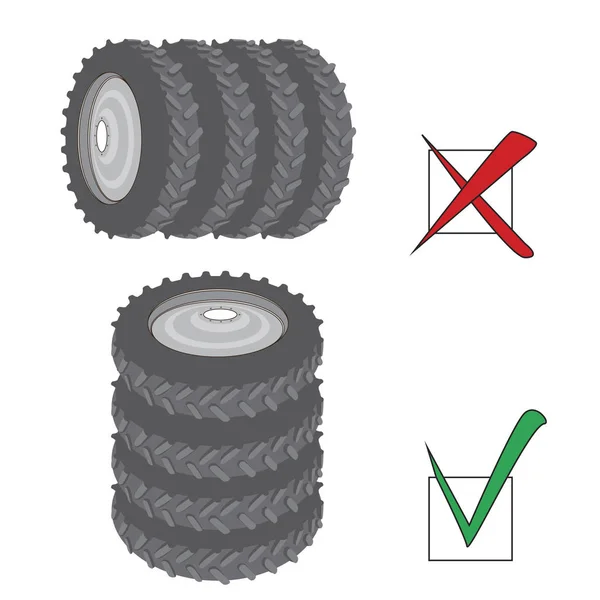 Правильное и неправильное хранение автомобильных шин с диском — стоковый вектор