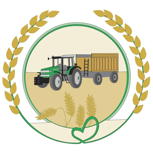 Vector logo med en traktor på en gård flyttar grödan i en vagn — Stock vektor