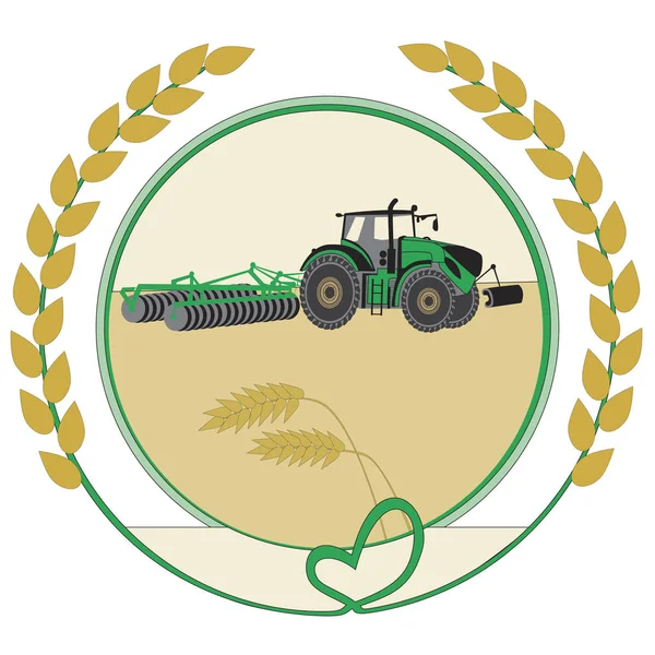 Vector logo med en traktor bearbetning råg i fält — Stock vektor