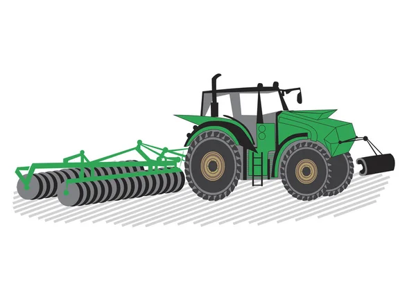 Сельскохозяйственный изолированный трактор обрабатывает урожай в поле — стоковый вектор