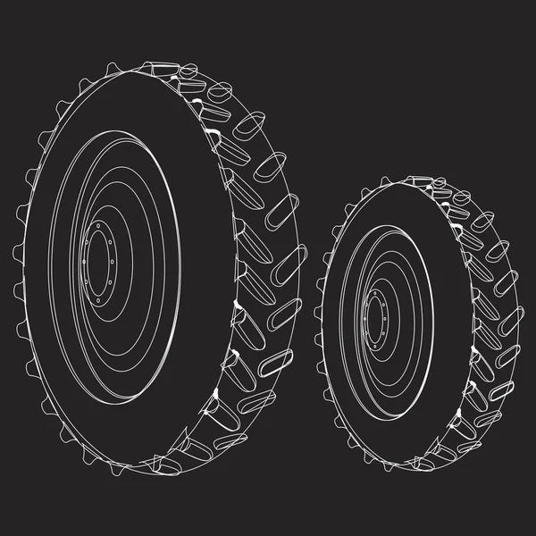 Roda linear de um trator sobre um fundo preto [...] — Vetor de Stock