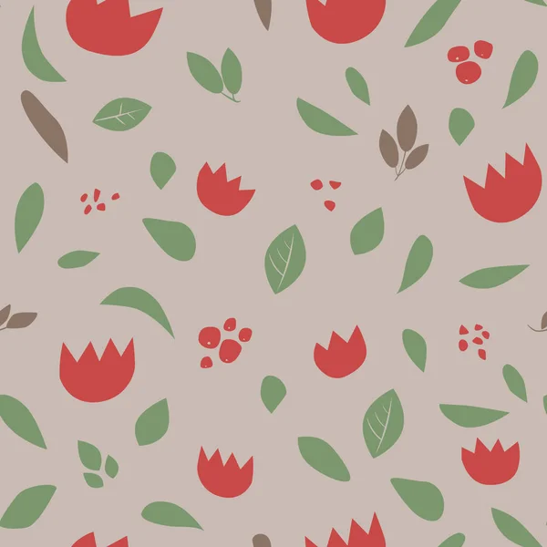 Um padrão sem costura doodle colorido com flores vermelhas e folhas — Vetor de Stock