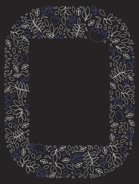 Doodle liniowa ramka fotograficzna z liśćmi i niebieskimi kwiatami na bl — Wektor stockowy
