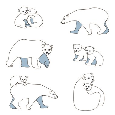 Bir grup yalıtılmış kutup ayısı ve şirin yavrular beyaz bir sırtüstü