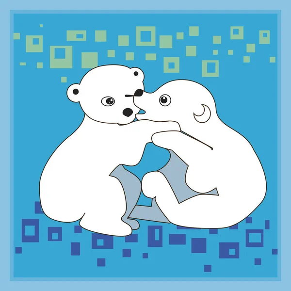 Dos lindos osos polares de peluche están jugando sobre un fondo azul — Vector de stock