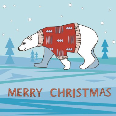 Kırmızı kazaklı, Noel ağaçlı şirin bir kutup ayısı.