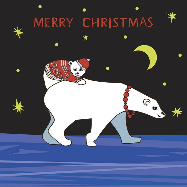 Um urso polar com um filhote vestiu roupas festivas no Natal perto — Vetor de Stock