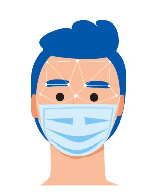 Tıbbi maske takmış yetişkin bir Avrupalı ya da Amerikalı adamın akıllı telefonu ya da akıllı bir ev tarafından yüz tanıma programı. Akıllı ev sistemi ve kimlik bilgilerine sahip düz vektör stok illüstrasyonu