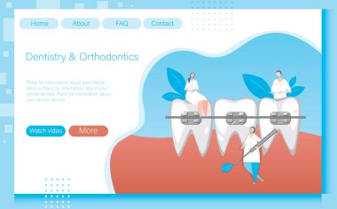 İniş için stomoloji ya da ortodonti için doktorlar, azı dişleri ve diş telleri olan web sitesi düzeni. Stok vektörü düz illüstrasyon veya ortodontik klinik ana sayfa şablonu bir diş teli kurulumu konsepti olarak
