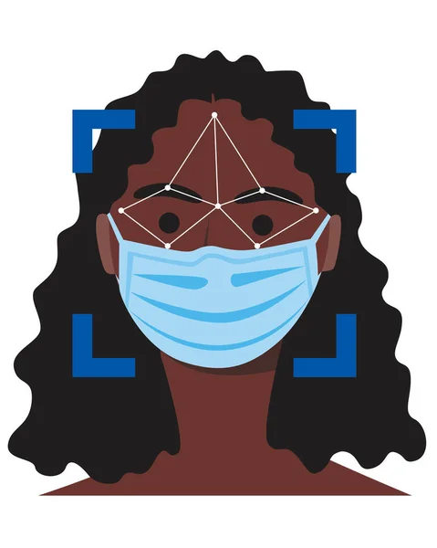 セキュリティのためのスマートフォン AtmやCctvカメラによって顔のマスクに若いまたは大人のアフリカやアフリカの女性の人の識別 マスクの少女の顔認識とフラットベクトルストックイラスト — ストックベクタ