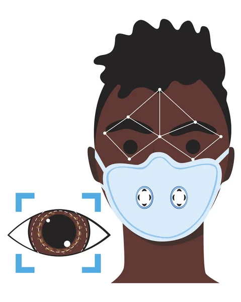 安全のために医療面マスクやマスクにアフリカの男性や男女の人の顔や目の認識 携帯電話やデジタルシステムによる網膜認識とフラットベクトルストック図 — ストックベクタ