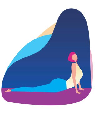 A girl or a cute character with pink hair and a bob hairstyle does yoga on the floor. Flat or cartoon vector stock illustration with a character as a concept of yoga and proper asanas. clipart