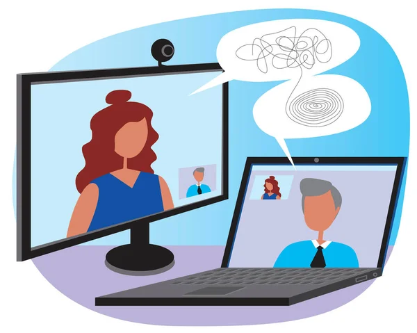 Psikoterapi sırasında hasta ve psikologların internet danışmanlığı konsepti olarak web kamerası ve dizüstü bilgisayarlı izleme. Psikoterapi ile hisse senedi düz illüstrasyon