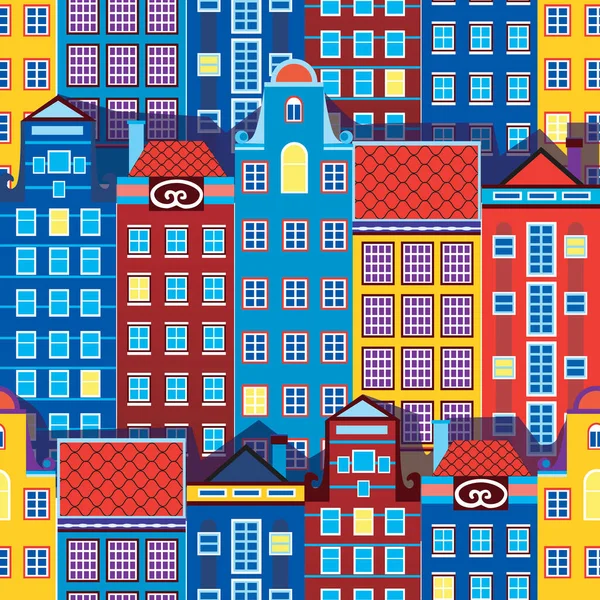 Seamless pattern with old high-rise architecture of Amsterdam, Great Britain or Europe. Bright flat stock vector illustration with a pattern of old houses for printing on textiles or wrapping paper