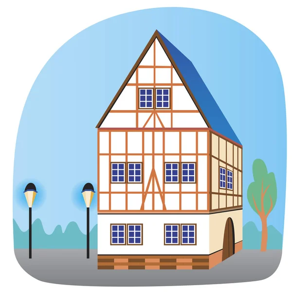 Niemiecki Tradycyjny Dom Oknami Drewnianymi Belkami Białą Fasadą Jako Koncepcja — Wektor stockowy