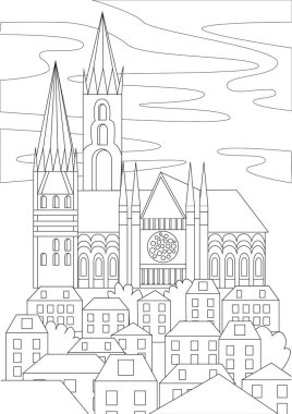 Şehrin tepesindeki Gotik kilise veya tapınak Avrupa mimarisi ile renklendirme sayfası olarak kullanılıyor. Yetişkinler için stres önleyici kitap olarak gotik mimari ile hisse senedi vektör ilüstrasyonunu özetle