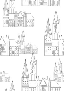 Gotik kilisenin kusursuz deseni mi yoksa yetişkinler için renklendirme sayfası olarak rastgele mimari mi? Rahatlama terapisi için renksiz Avrupa katedrali ile ana hatlı vektör stok çizimi