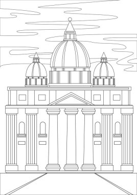 Kasaba binası ya da katedral, Borocco tarzında bir mimari olarak tasvir edilir. Sütunlu Avrupa mimarisi ile doğrusal renksiz vektör stok çizimi ve yetişkinler için bir stres önleyici renk sayfası olarak bir kubbe