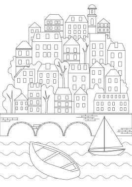 Evleri, köprüyü ya da mongol mimarisini boyayan bir sayfa. Nehir veya deniz, tekne ve boyama kitabında basılmak üzere şirin evler içeren ana hatlı vektör çizimi