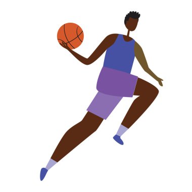 Siyahi bir adam, afro insanlar için bir başarı konsepti olarak basketbol oynar. Beyaz arka planda izole edilmiş afro adam ve basketbolcu ile hisse senedi düz illüstrasyonu