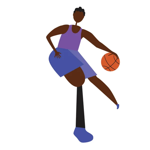 Afrochico Adolescente Con Una Pierna Protésica Juega Baloncesto Ilustración Plana — Vector de stock
