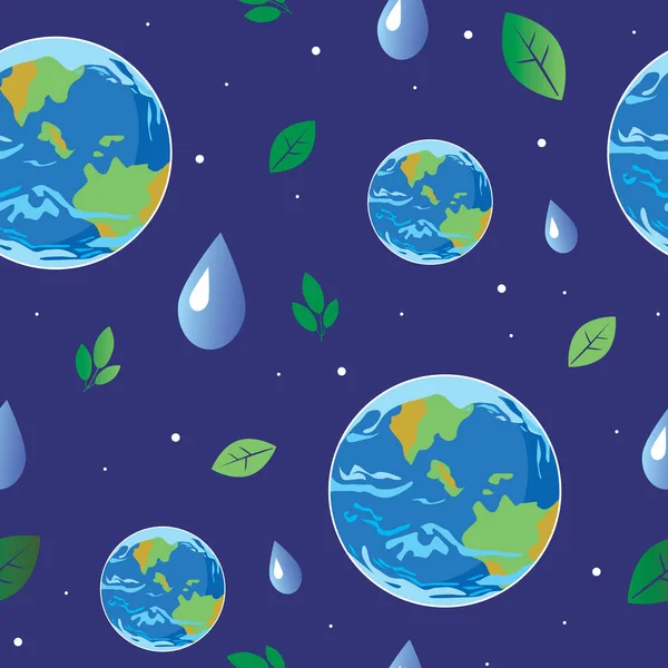 Zökkenőmentes Minta Föld Bolygóval Egy Növény Levele Egy Csepp Víz — Stock Vector