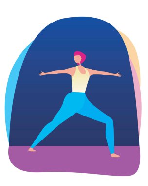 A girl or a European or American character with pink hair does yoga and keeps her balance. Flat vector stock illustration with a woman with pink hair as a concept of activity and sport. clipart