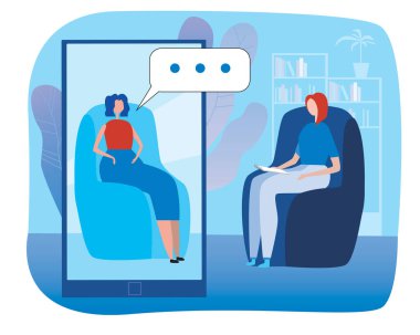 Çevrimiçi psikoterapi seansı ve akıllı telefon. İnternet üzerinden psikoterapi kavramı olarak psikoterapist veya hasta ile düz vektör stok illüstrasyonu.