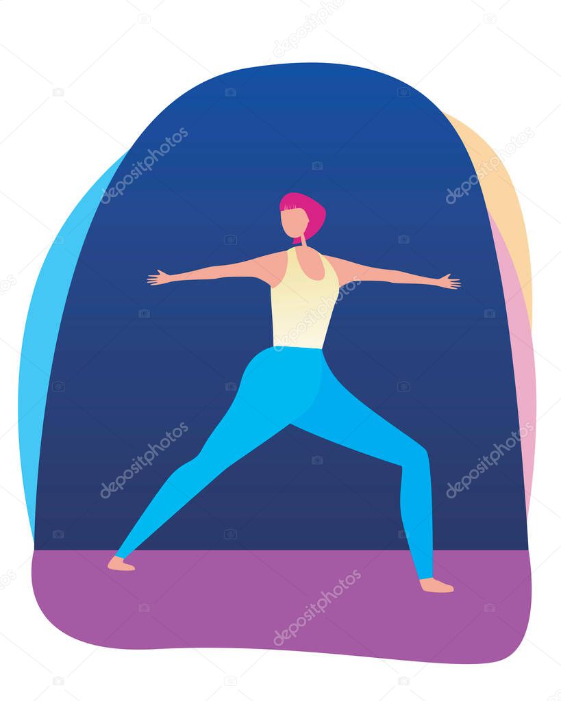 A girl or a European or American character with pink hair does yoga and keeps her balance. Flat vector stock illustration with a woman with pink hair as a concept of activity and sport.