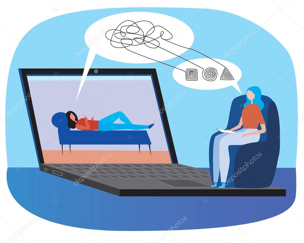 Psychotherapist or psychologist and patient on the couch during an online psychotherapy session. Flat vector wound stock illustration with laptop, patient and psychotherapist as a concept of online treatment