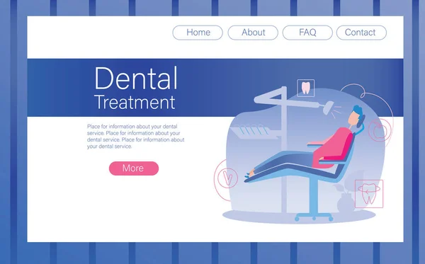 Layout Sito Web Con Paziente Una Sedia Dentale Durante Cure — Vettoriale Stock