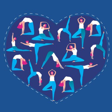Yoga ve kalp yapan bir kız mavi arka planda yoga aşkı konsepti olarak. Yoga günü için asana yapan kız ya da kadınların olduğu düz vektör stok çizimi