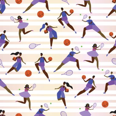 Siyah spor konsepti olarak afro ya da Afrikalı basketbolcuların ya da tenisçilerin kusursuz desenleri. Basılabilir bir kalıp olarak insanlar, basketbol topları ve tenis raketleri ile düz vektör stok illüstrasyonu