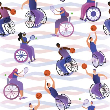 Seamless pattern with disabled people in wheelchairs as basketball or tennis players as a concept of inclusiveness and activity. Flat vector stock illustration with people with disabilities as background clipart